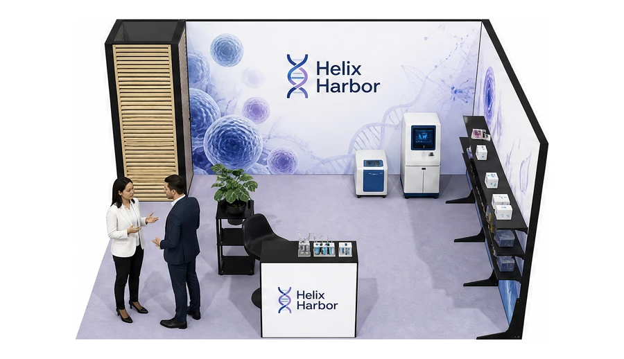 Stoisko 5 × 4 m narożne prawe dla branży farmacja i biotechnologia, przykładowa marka Helix Harbor