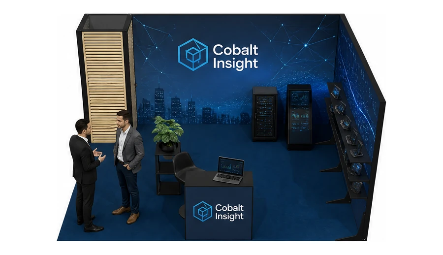 Stoisko 5 × 4 m narożne prawe dla branży sztuczna inteligencja i dane, przykładowa marka Cobalt Insight