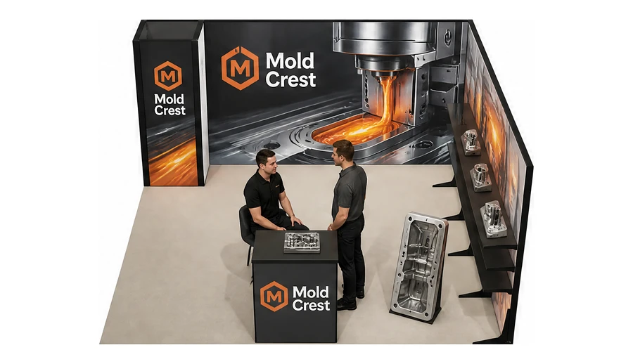 Stoisko 5 × 5 m narożne prawe dla branży przetwórstwo tworzyw, przykładowa marka Mold Crest