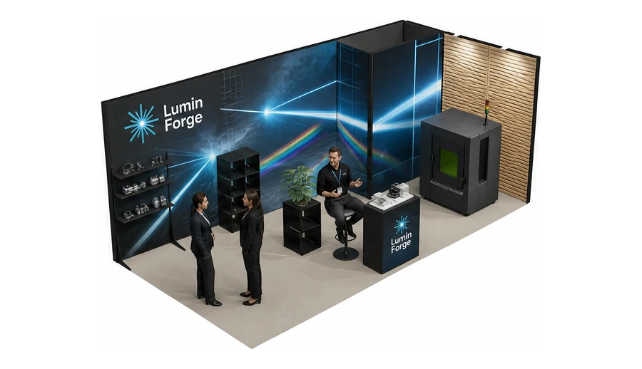 Stoisko 6 × 3 m narożne prawe dla branży technika laserowa i fotonika, przykładowa marka Lumin Forge