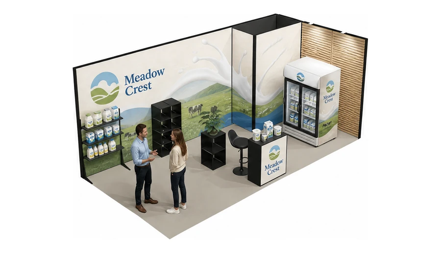 Stoisko 6 × 3 m narożne prawe dla branży nabiał i mleczarstwo, przykładowa marka Meadow Crest