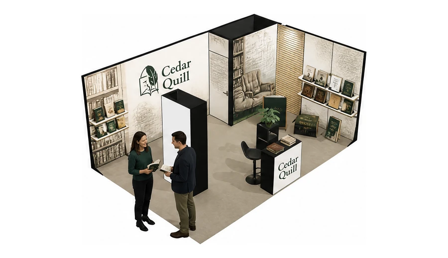 Stoisko 6 × 4 m narożne prawe dla branży wydawnictwa, przykładowa marka Cedar Quill