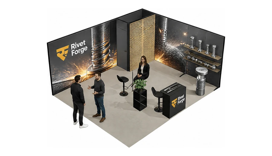 Stoisko 6 × 5 m narożne prawe dla branży elementy złączne, przykładowa marka Rivet Forge