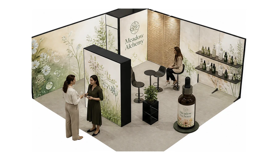 Stoisko 6 × 6 m narożne prawe dla branży kosmetyki naturalne, przykładowa marka Meadow Alchemy