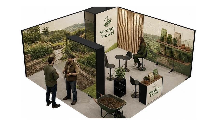 Stoisko 6 × 6 m narożne prawe dla branży ogród i architektura krajobrazu, przykładowa marka Verdant Trowel
