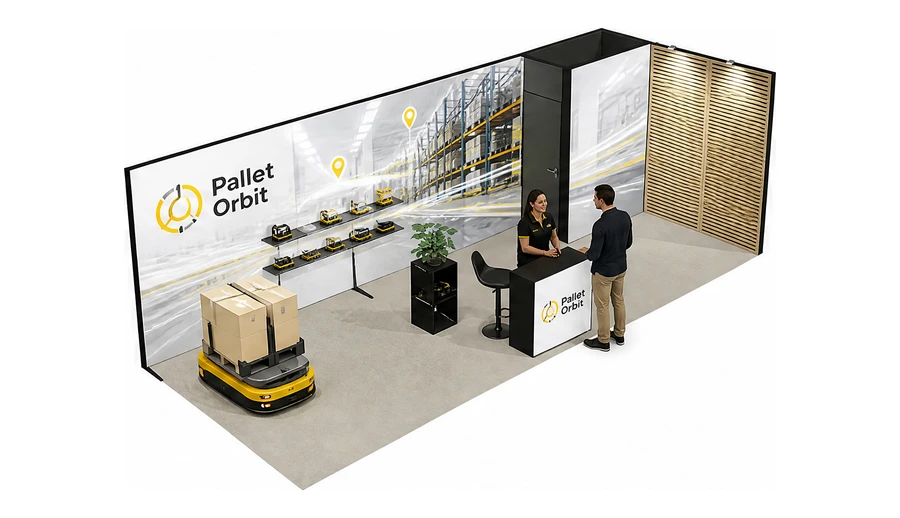Stoisko 8 × 3 m narożne prawe dla branży intralogistyka i magazyn, przykładowa marka Pallet Orbit
