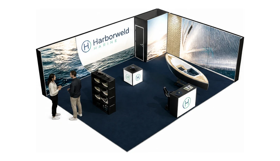 Stoisko 8 × 6 m narożne prawe dla branży jachty i łodzie, przykładowa marka Harborweld Marine