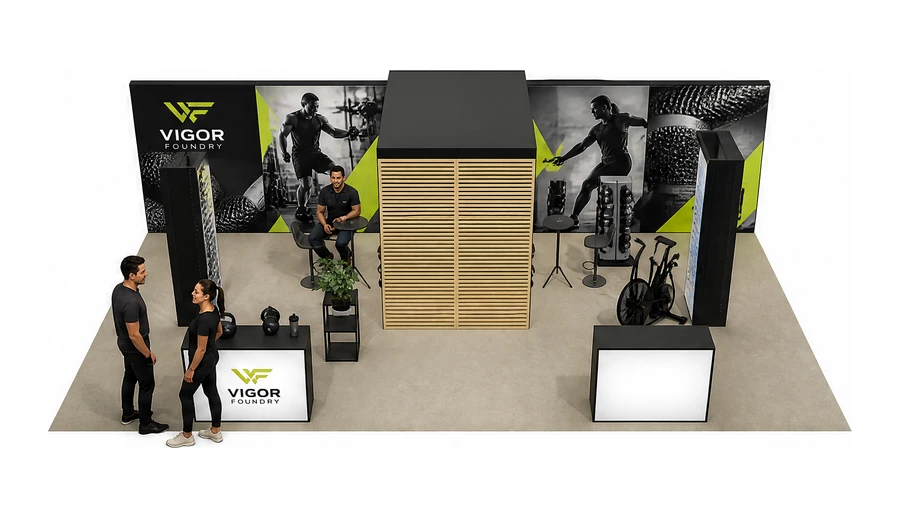Stoisko 10 × 5 m półwyspowe dla branży fitness i siłownie, przykładowa marka Vigor Foundry