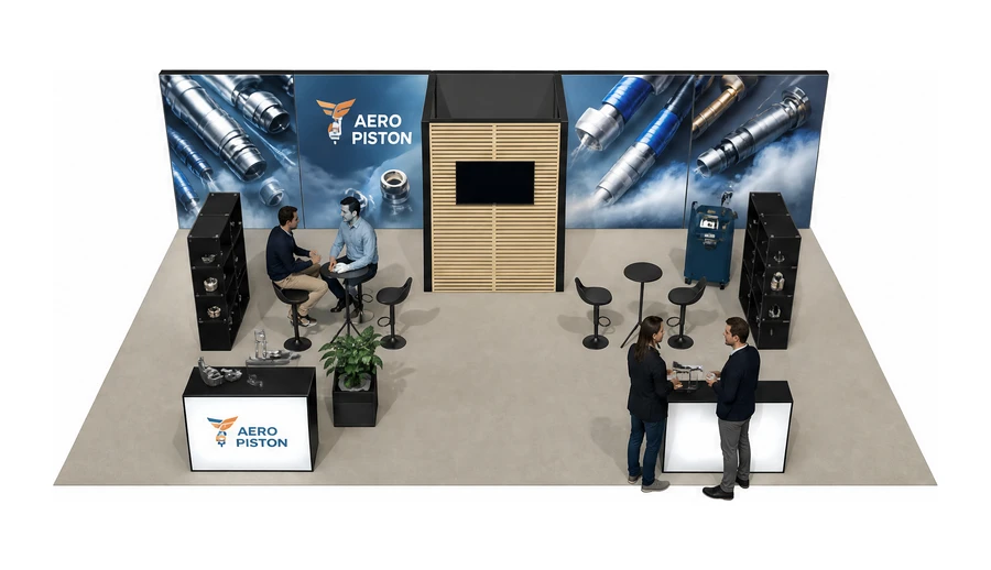 Stoisko 10 × 6 m półwyspowe dla branży pneumatyka i sprężone powietrze, przykładowa marka Aero Piston