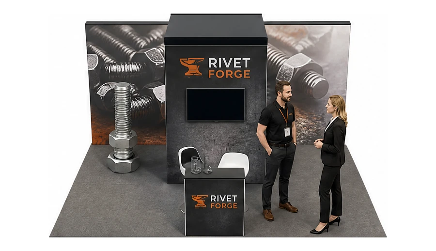 Stoisko 6 × 4 m półwyspowe dla branży elementy złączne, przykładowa marka Rivet Forge