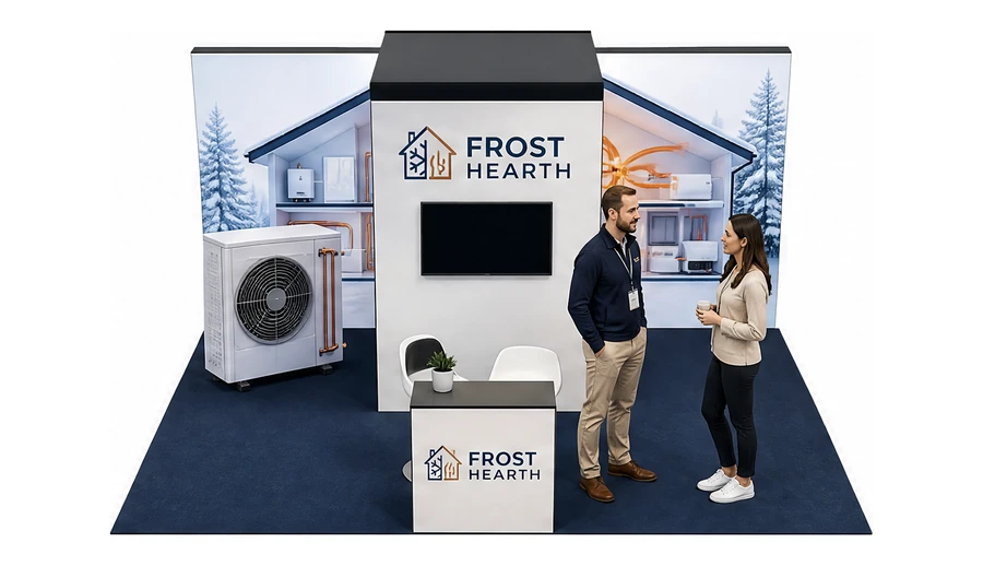 Stoisko 6 × 4 m półwyspowe dla branży pompy ciepła i ogrzewanie, przykładowa marka Frost Hearth