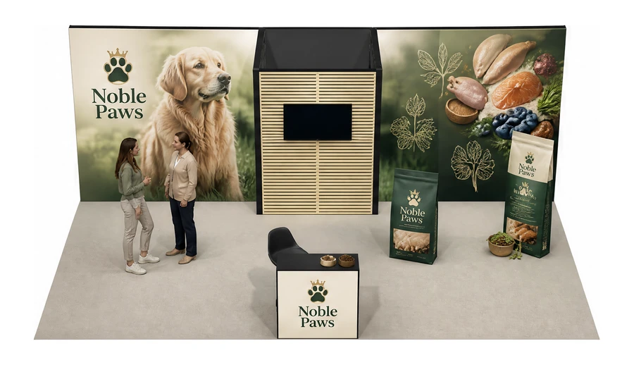 Stoisko 6 × 5 m półwyspowe dla branży karma dla zwierząt, przykładowa marka Noble Paws