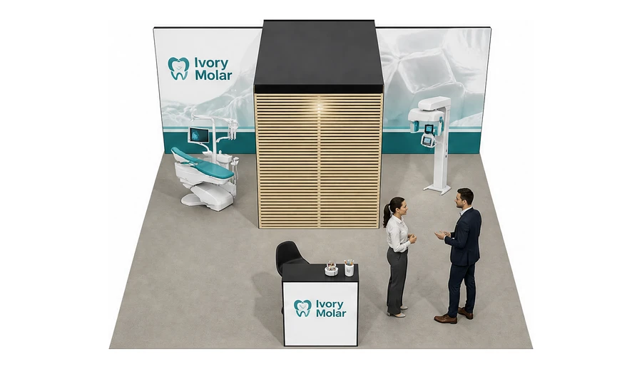 Stoisko 6 × 6 m półwyspowe dla branży stomatologia, przykładowa marka Ivory Molar