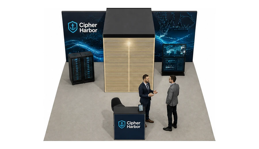 Stoisko 6 × 6 m półwyspowe dla branży cyberbezpieczeństwo, przykładowa marka Cipher Harbor