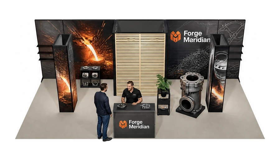 Stoisko 8 × 4 m półwyspowe dla branży obróbka metali i odlewnictwo, przykładowa marka Forge Meridian