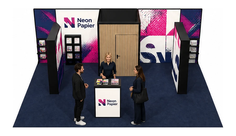 Stoisko 8 × 5 m półwyspowe dla branży reklama i druk, przykładowa marka Neon Papier