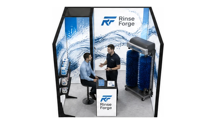 Stoisko 3 × 3 m szeregowe dla branży myjnie i pielęgnacja aut, przykładowa marka Rinse Forge