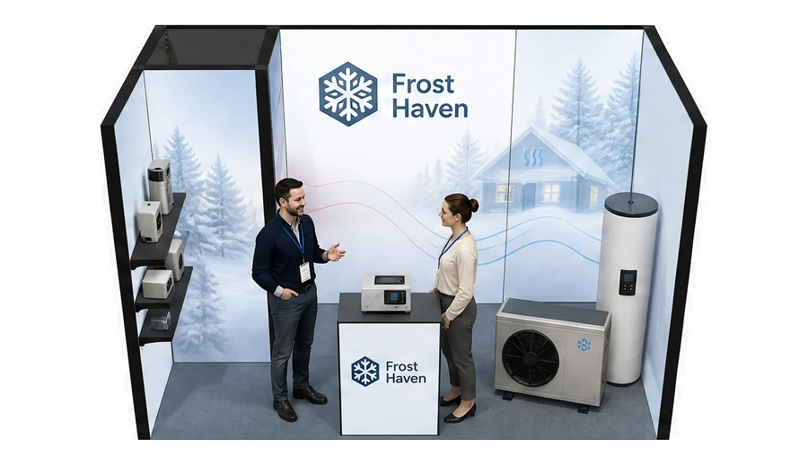 Stoisko 4 × 2 m szeregowe dla branży pompy ciepła i ogrzewanie, przykładowa marka Frost Haven