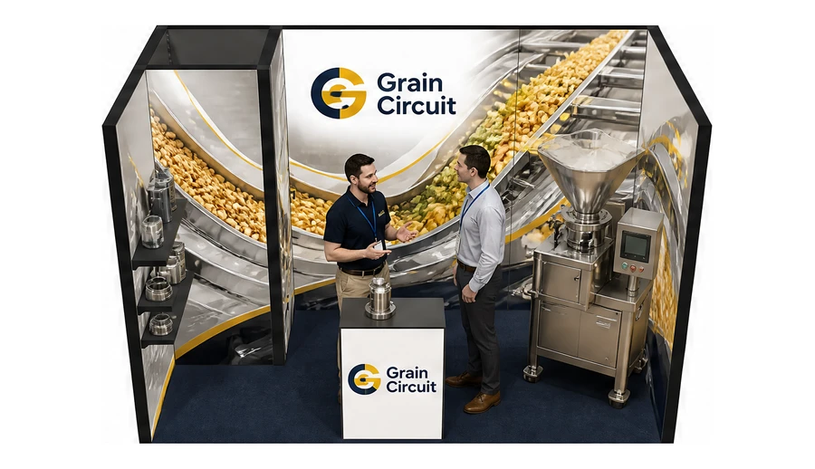 Stoisko 4 × 2 m szeregowe dla branży technologie spożywcze, przykładowa marka Grain Circuit