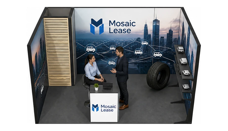Stoisko 4 × 3 m szeregowe dla branży flota i leasing aut, przykładowa marka Mosaic Lease
