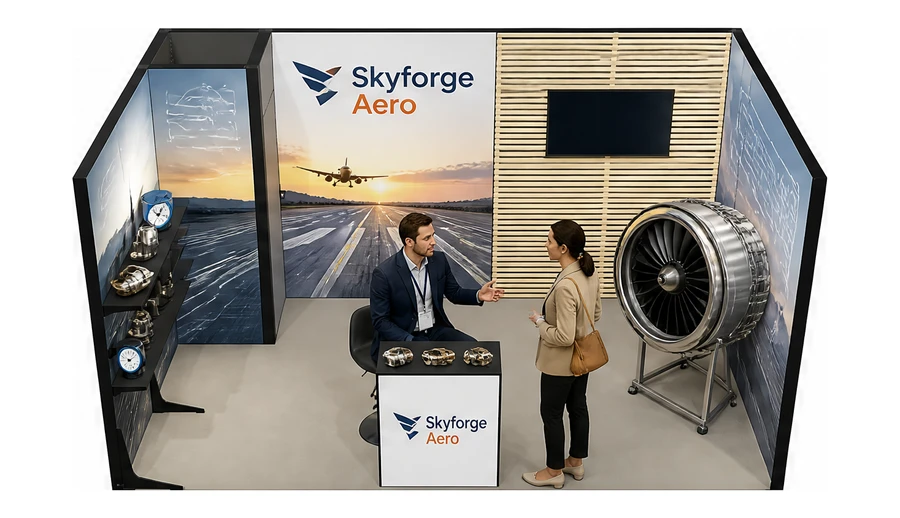 Stoisko 5 × 3 m szeregowe dla branży lotnictwo, przykładowa marka Skyforge Aero