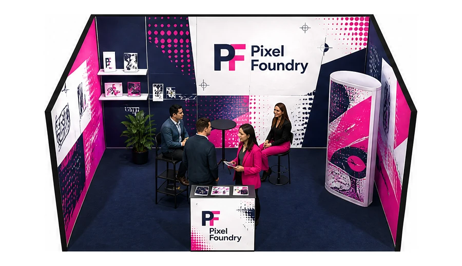 Stoisko 5 × 4 m szeregowe dla branży reklama i druk, przykładowa marka Pixel Foundry