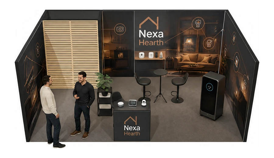 Stoisko 6 × 4 m szeregowe dla branży smart home i IoT, przykładowa marka Nexa Hearth