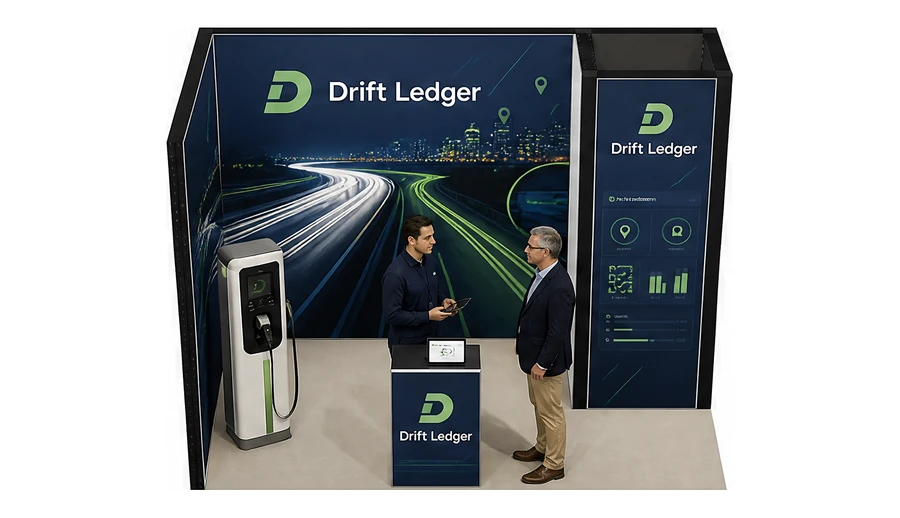 Stoisko 3 × 2 m narożne lewe dla branży flota i leasing aut, przykładowa marka Drift Ledger
