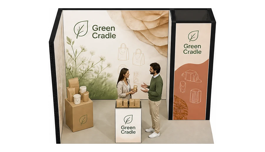 Stoisko 3 × 2 m narożne lewe dla branży opakowania ekologiczne, przykładowa marka Green Cradle
