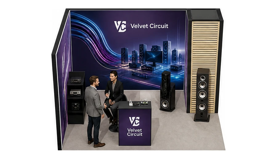 Stoisko 3 × 3 m narożne lewe dla branży sprzęt audio-video, przykładowa marka Velvet Circuit