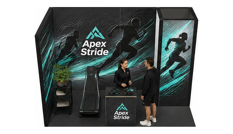 Stoisko 4 × 2 m narożne lewe dla branży sprzęt sportowy, przykładowa marka Apex Stride