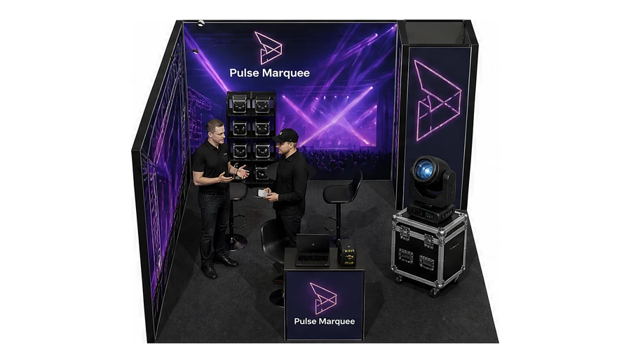 Stoisko 4 × 4 m narożne lewe dla branży branża eventowa, przykładowa marka Pulse Marquee