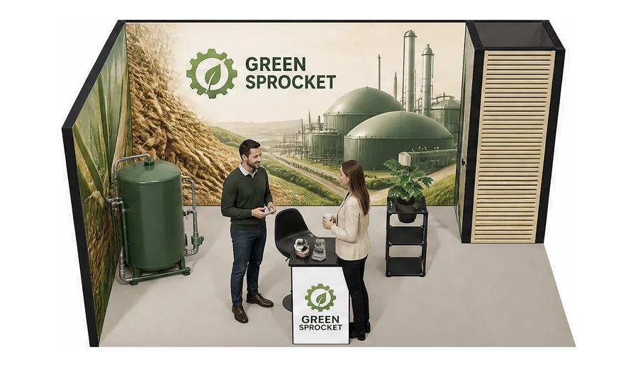 Stoisko 5 × 3 m narożne lewe dla branży biogaz i OZE, przykładowa marka Green Sprocket