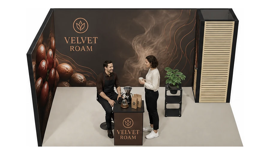 Stoisko 5 × 3 m narożne lewe dla branży palarnia kawy, przykładowa marka Velvet Roam