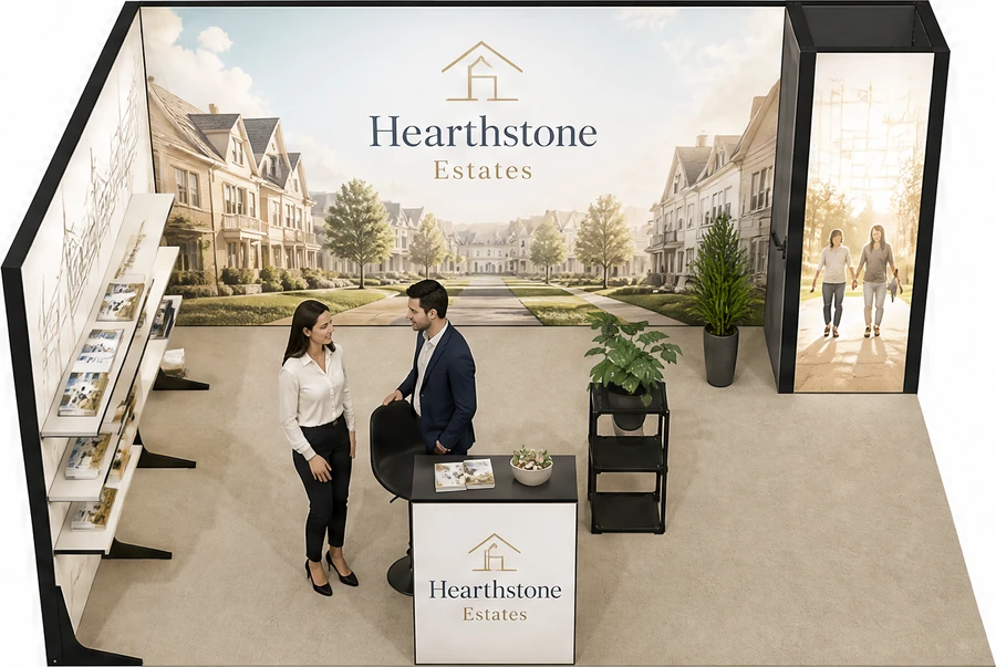 Stoisko 5 × 4 m narożne lewe dla branży deweloperzy i nieruchomości, przykładowa marka Hearthstone Estates