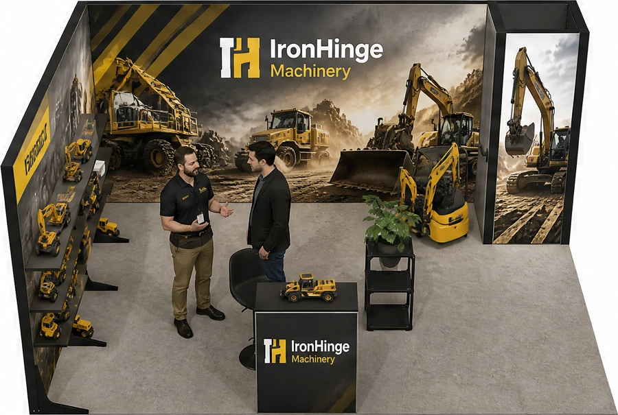 Stoisko 5 × 4 m narożne lewe dla branży maszyny budowlane, przykładowa marka IronHinge Machinery