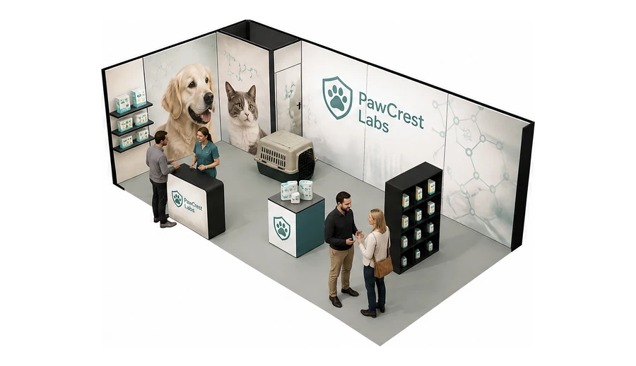 Stoisko 8 × 4 m narożne lewe dla branży weterynaria, przykładowa marka PawCrest Labs
