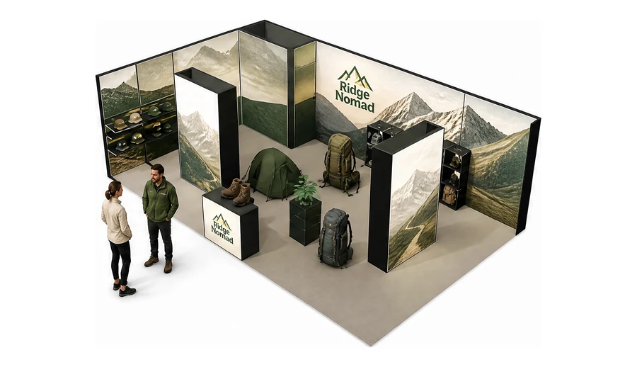 Stoisko 8 × 5 m narożne lewe dla branży odzież i sprzęt outdoorowy, przykładowa marka Ridge Nomad