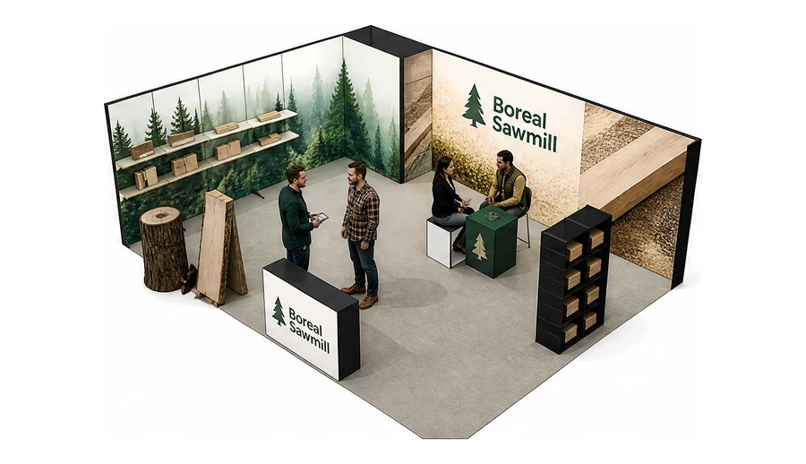 Stoisko 8 × 6 m narożne lewe dla branży leśnictwo i przemysł drzewny, przykładowa marka Boreal Sawmill