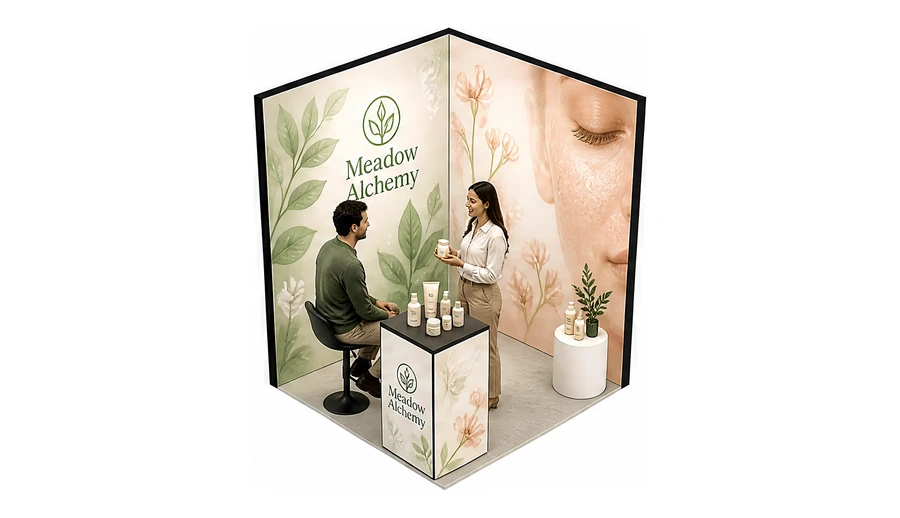 Stoisko 2 × 2 m narożne prawe dla branży kosmetyki naturalne, przykładowa marka Meadow Alchemy