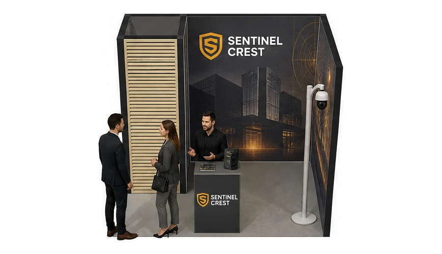 Stoisko 3 × 2 m narożne prawe dla branży systemy zabezpieczeń, przykładowa marka Sentinel Crest