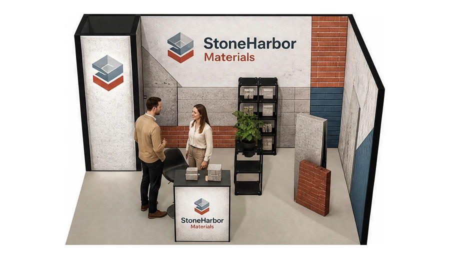 Stoisko 4 × 3 m narożne prawe dla branży materiały budowlane, przykładowa marka StoneHarbor Materials