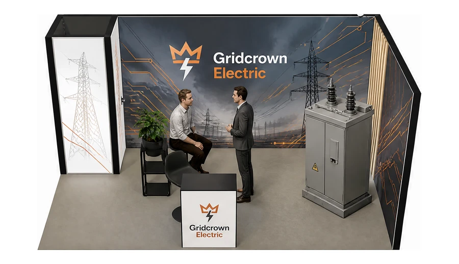 Stoisko 5 × 3 m narożne prawe dla branży energetyka i sieci, przykładowa marka Gridcrown Electric