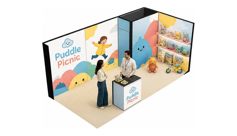 Stoisko 6 × 3 m narożne prawe dla branży zabawki i artykuły dziecięce, przykładowa marka Puddle Picnic