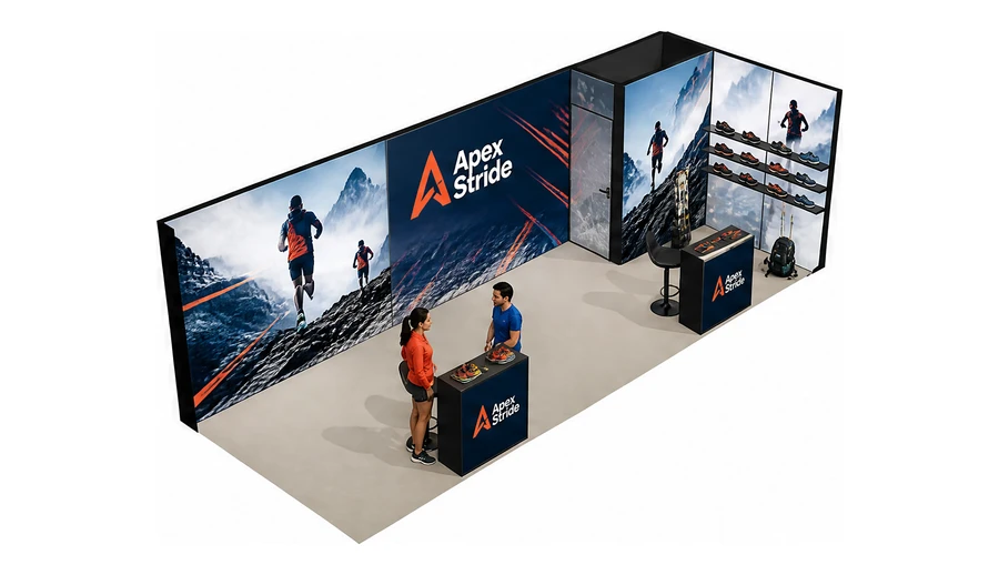 Stoisko 8 × 3 m narożne prawe dla branży sprzęt sportowy, przykładowa marka Apex Stride