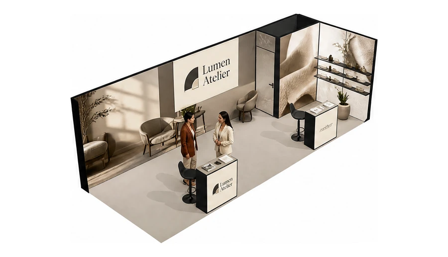 Stoisko 8 × 3 m narożne prawe dla branży meble designerskie, przykładowa marka Lumen Atelier