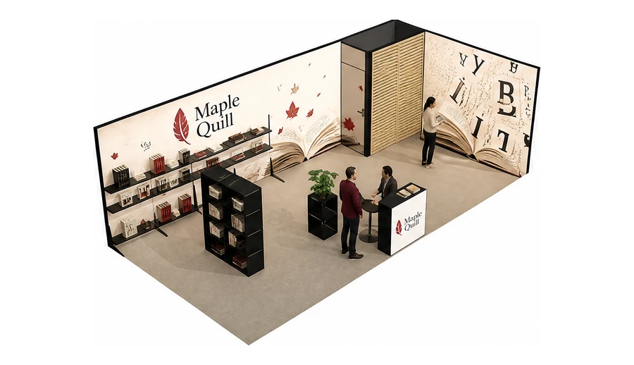 Stoisko 8 × 4 m narożne prawe dla branży wydawnictwa, przykładowa marka Maple Quill