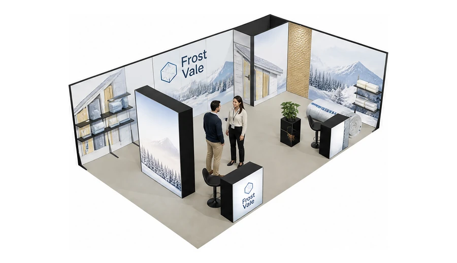 Stoisko 8 × 5 m narożne prawe dla branży izolacje techniczne, przykładowa marka Frost Vale