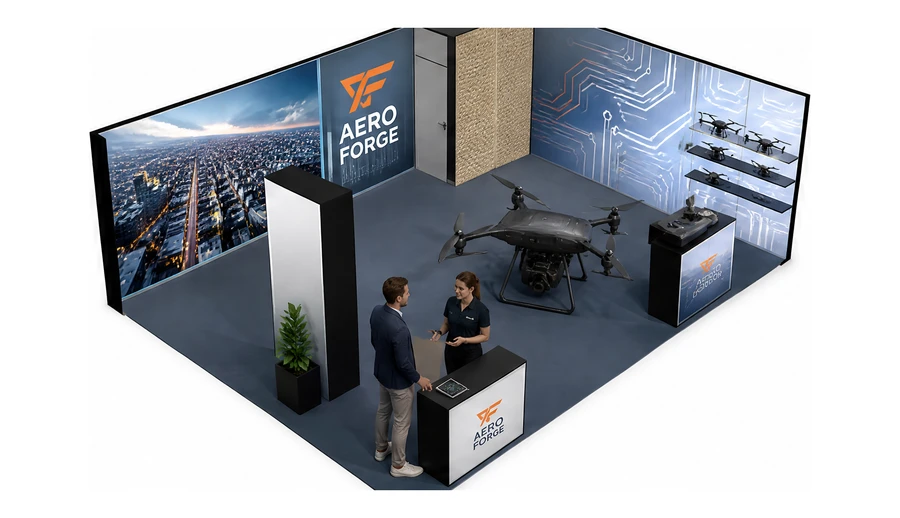 Stoisko 8 × 6 m narożne prawe dla branży drony i robotyka, przykładowa marka Aero Forge
