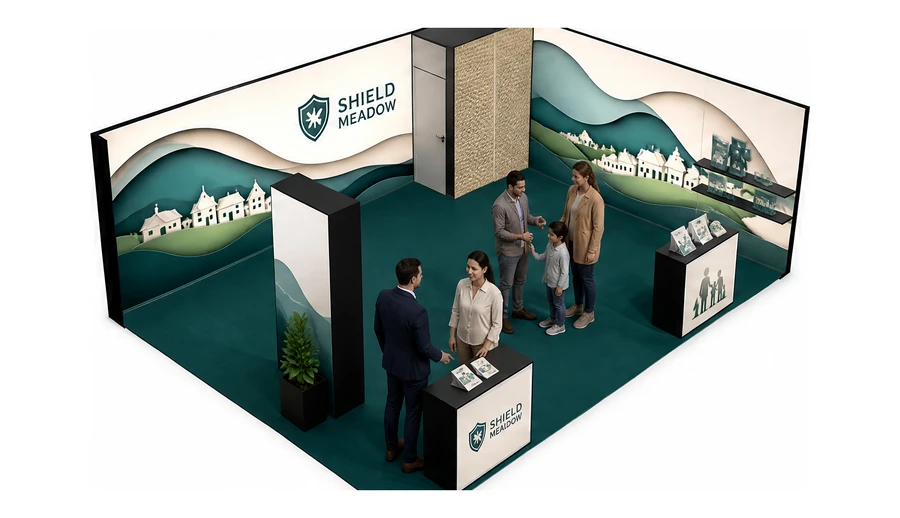 Stoisko 8 × 6 m narożne prawe dla branży ubezpieczenia, przykładowa marka Shield Meadow